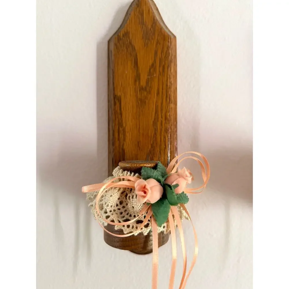 Pair Vintage Oak Wall Candle Sconces Lace Peach Silk Roses Cottage Country